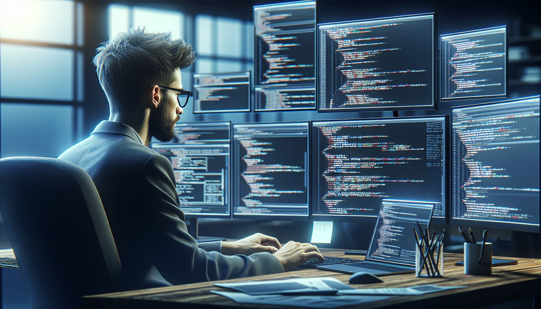 PHP Entwickler an einem Schreibtisch der an einer komplexen Anwendung arbeitet